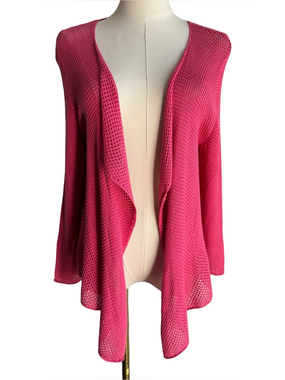 Nic+Zoe Perforated Waterfall Cardigan Sz L Pink Silk Blend Open Knit Sweater EUC